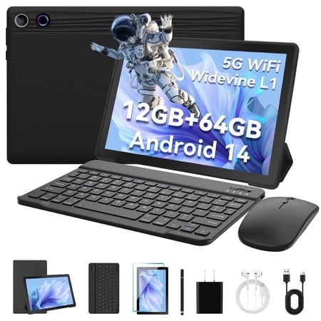 Android 14 Tablet 10 inch,Octa Core Ips HD Touch Screen,12GB RAM + 64GB ROM(TF 1TB), Widevine L1,5000mAh, Wi-Fi 6,Face Unlocked,Black+Keyboard & Mouse Set Black