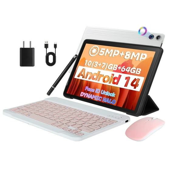 Android 14 10 inch Tablet with Case,Octa Core IPS HD Touch Screen, 10GB RAM + 64GB ROM(TF 1TB), Widevine L1, 5000mAh, Wi-Fi 6,Face Unlocked,White+Keyboard & Mouse Set Pink