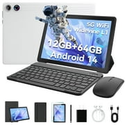 Android 14 Tablet 10 inch,Octa Core Ips HD Touch Screen,12GB RAM + 64GB ROM(TF 1TB), Widevine L1,5000mAh, Wi-Fi 6,Face Unlocked,White+Keyboard & Mouse Set Black