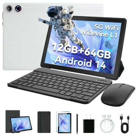 Android 14 Tablet 10 inch,Octa Core Ips HD Touch Screen,12GB RAM + 64GB ROM(TF 1TB), Widevine L1,5000mAh, Wi-Fi 6,Face Unlocked,White+Keyboard & Mouse Set Black
