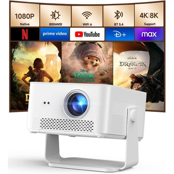 [Android 14 & 800ANSI] Mini Projector 4K 8K Support, Smart Projector Native 1080P with WiFi 6, Bluetooth 5.4, Auto Focus, Auto Keystone, 180 Rotation, Portable Projetor for Bedroom HY450Max