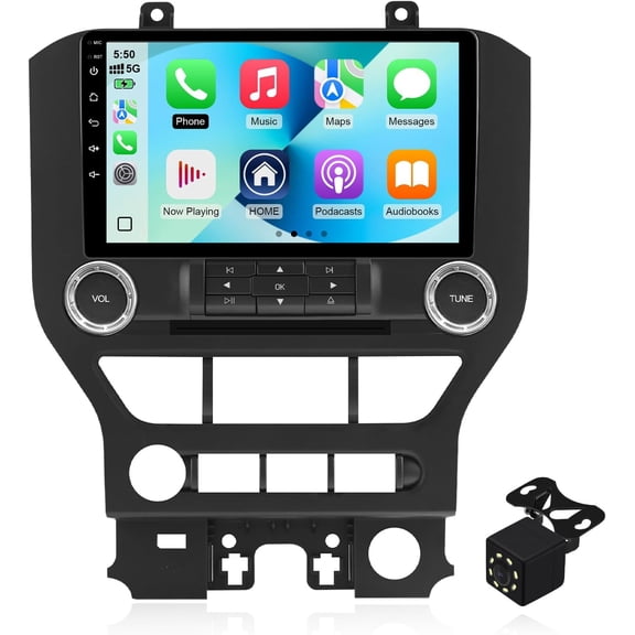 Android 14 Double Din Car Stereo for Ford Mustang 2015-2020 with 9 Inch Touchscreen Radio Built-in Wireless Carplay/Android Auto/GPS/Bluetooth/FM/AUX-in/Steering Wheel Controls/Backup Camera