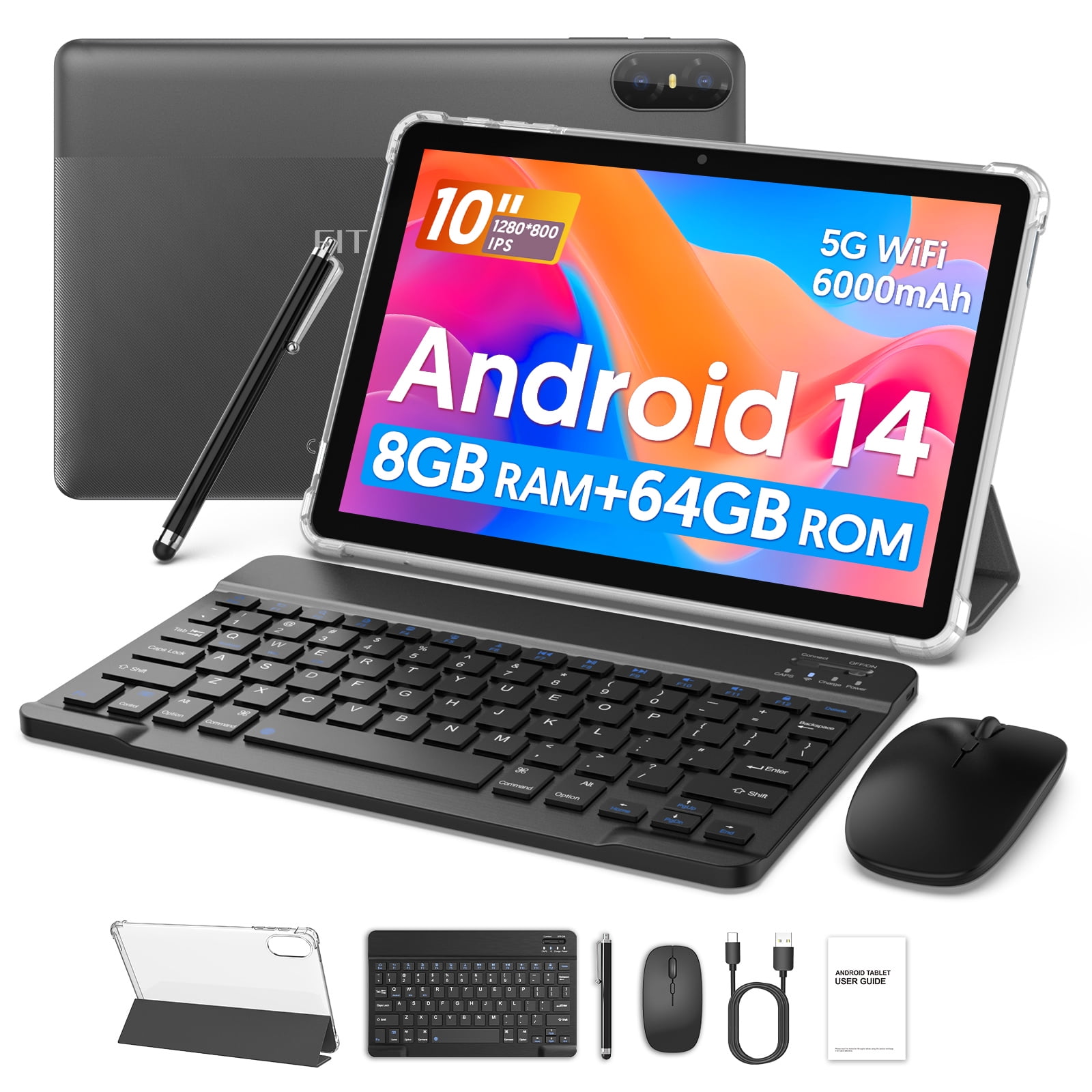 Android 14 Tablet, 10.1 Inch Android Tablet with Octa-core Processor,8GB+64GB Storage 1TB Expansion,6000mAh Battery,5G WiFi6,2+8MP Dual Camera 2 in 1 Tablets Kit with Keyboard, Mouse,Pen,Case,Gray