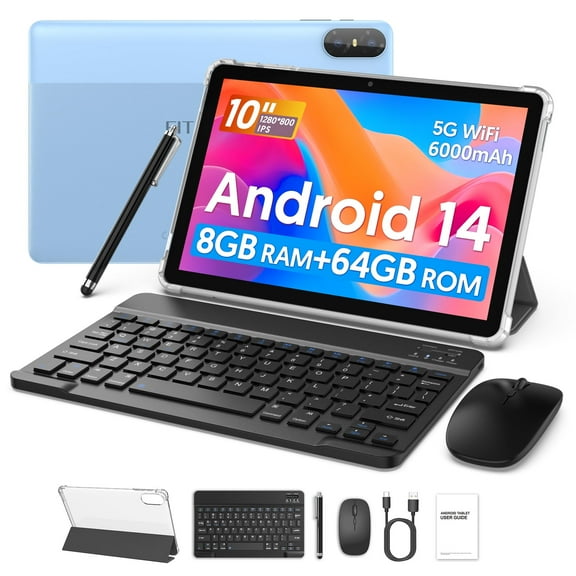 Android 14 Tablet, 10.1 Inch Android Tablet with Octa-core Processor,8GB+64GB Storage 1TB Expansion,6000mAh Battery,5G WiFi6,2+8MP Dual Camera 2 in 1 Tablets Kit with Keyboard, Mouse,Pen,Case,Blue