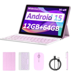 Android 15 Tablet, 10 inch 12GB RAM+64GB ROM Tablet, 2 in 1 Tablets with Keyboard Case Mouse Stylus, 1.8GHz Quad-core Processor, 1280*800 HD Touch Screen, 8MP Camera, 2.4G/5G Wi-Fi6, BT 5.0 Tablet PC