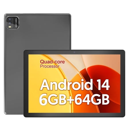 Android 14 Tablet 10.1 inch Tablet, 6GB RAM + 64GB ROM (1TB TF), Quad-Core 2.0 GHz, WiFi 6, Bluetooth 5.0, Widevine L1, 2MP + 8MP, 6000mAh