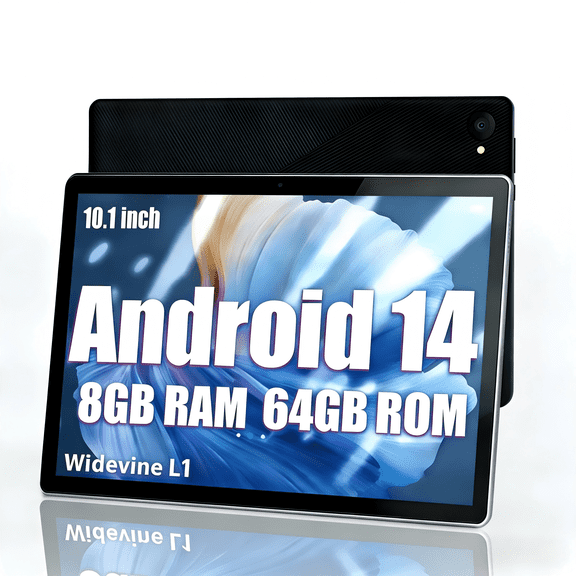 Android 14 10.1 inch Tablets with 1280 * 800 IPS HD Touchscreen, 8-Core, 8GB RAM 64GB ROM+1TB TF, Widevine L1, Face ID, Wi-Fi 6 - Black