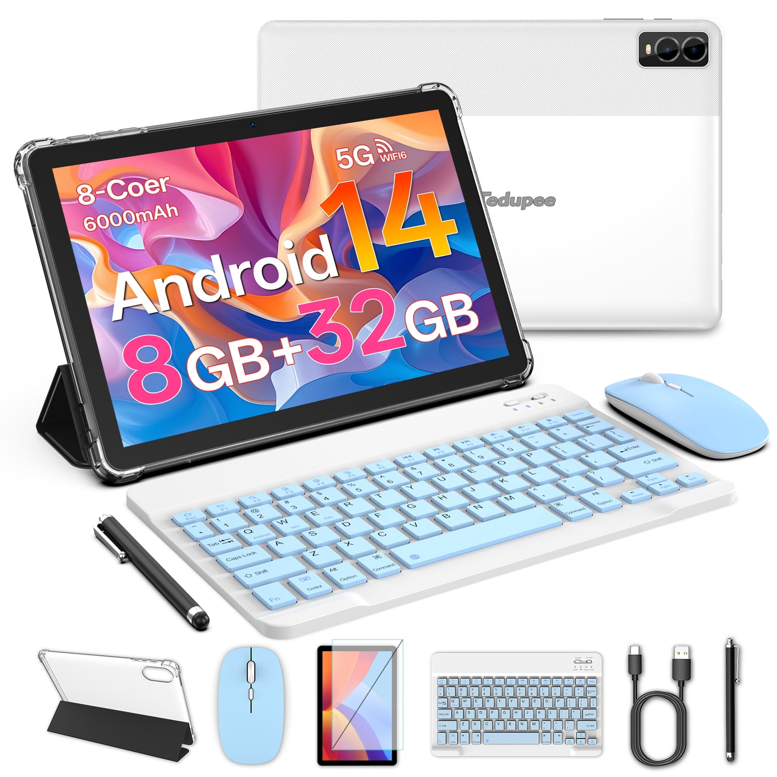 Android 14 Tablet,10 inch Tablet with Keyboard, 8GB RAM 32GB ROM (1TB Expandable), Octa-Core Processor, 5G Dual-Band WiFi 6, 6000mAh Battery, 2-in-1 Tablet,Blue