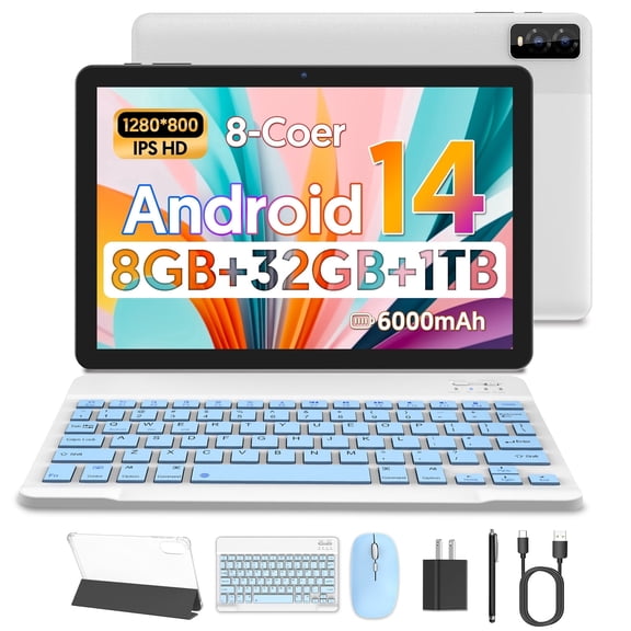 Tedupee Android 14 Tablet 10 inch,2 in 1 Tablets with Keyboard,8GB RAM 32GB ROM 1TB Expand,Octa-core 5G Dual-Band WiFi 6,Equipped with Camera,6000mah Battery-Blue