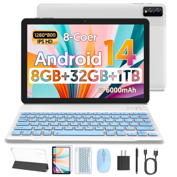 Android 14 Tablet,10 Inch Tablet with Keyboard, 8GB RAM 32GB ROM 1TB Expand, Octa-Core, 5G Dual-Band WiFi 6, 6000mAh Battery, 2-in-1, Pink
