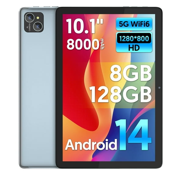 PUTECCH Gray Android 14 Tablet 10 inch 128GB ROM 8GB RAM Google GMS Computer Tablet