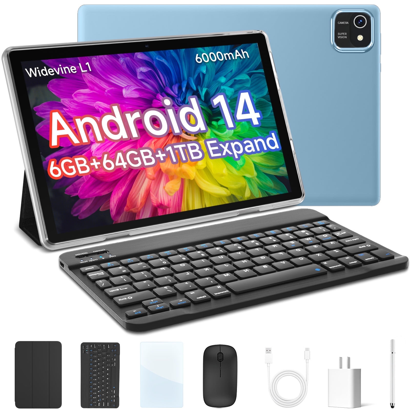 Tablet 10 inch Android 14 Tablets, 6GB RAM 64GB ROM 1TB Expand, Quad-Core Processor, 1280x800 LCD Touch Screen, WiFi 5, Dual Camera, BT5.0, 6000mAh Battery