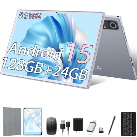 Android15 Tablet,10Inch Android Tablet with 128GB+24GB+1TB Expand,5G WiFi,Octa-Core,Unisoc T606 CPU,7000mAh,Bluetooth,GPS,13MP+8MP Dual Camera,Face Unclock,HD Display,Touchscreen,Tablet with Keyboard