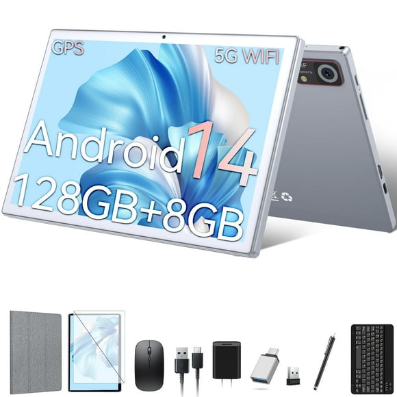 Android 14 Tablet,10Inch Android Tablet with 128GB+8GB+1TB Expand,5G WiFi,Octa-Core,Unisoc T606 CPU,7000mAh,Bluetooth,GPS,13MP+8MP Dual Camera,Face Unclock,HD Display,Touchscreen,Tablet with Keyboard