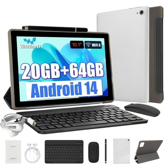 Android 14 Tablet 10inch with Keyboard set,20GB RAM+ 64GB ROM/1TB Expandable,Octa-Core 2.4 GHz,5MP + 8MP, 5000mAh, White