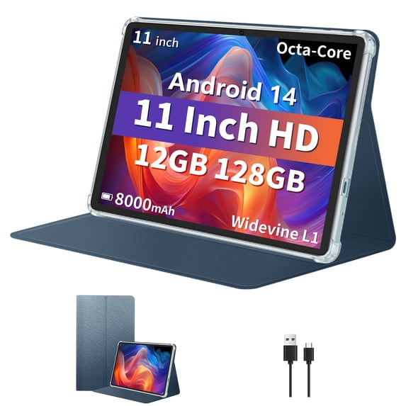 Android 14 Tablet, 11 inch 12GB RAM + 128GB ROM 1TB Expand, Octa-Core Tablet with GPS, 8000mAh, 1280x800 FHD Display, 5MP+8MP Dual Camera, WiFi, Bluetooth, GPS,Includes protective case