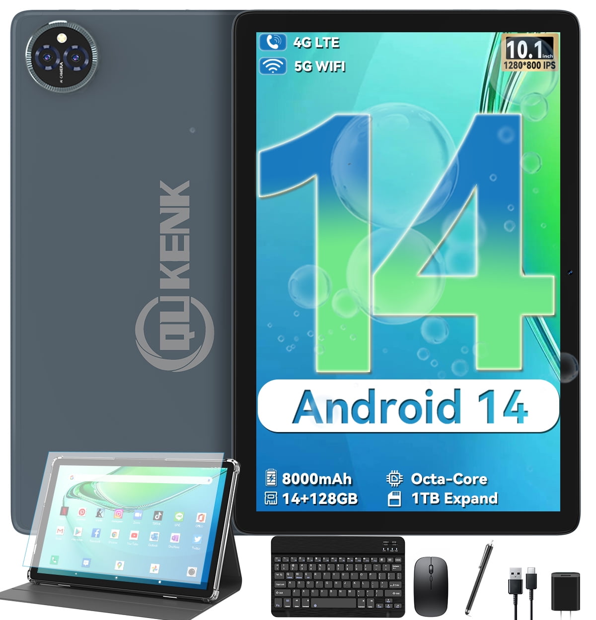 Qukenk 2024 10.1'' Android 14 Tablet, 128GB ROM, HD IPS, 5G/2.4G WiFi,  Bluetooth 5.0, GPS, 4G Phone - Walmart.com