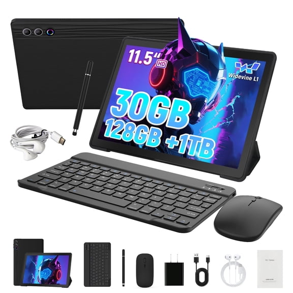 Android 15 11.5inch Tablet, 30GB RAM 128GM ROM 1TB Expand, Octa-core Tablet with Keyboard Mouse Stylus Pen set,8400mAh Battery 8MP+13MP Camera, 6G WiFi, Widevine L1 - Black