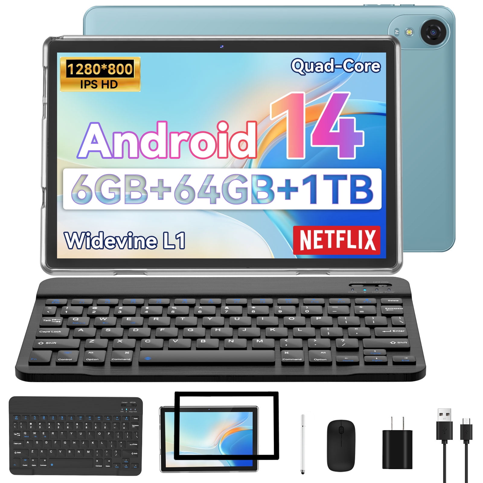 Android 14 Tablet,64GB+6(3+3 Expandable)GB,10-inch 5G wifi6 Tablet,Quad-core 2.0GHz Processor,Dual Camera,1TB Expandable, 6000mAh,Face Unlocked,Tablet with Keyboard