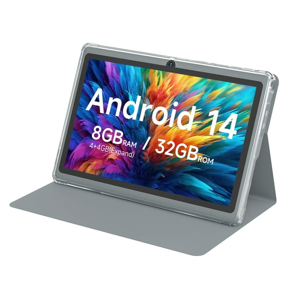 Android 14 Tablet 7 inch Tablets with Case, 8GB RAM 32GB ROM 1TB Expand, Quad-Core Processor Tablet PC, 1024 x 600 IPS Screen, Dual Camera, 3000mAh Battery, Bluetooth, WiFi, GMS, Widevine L1, Gray