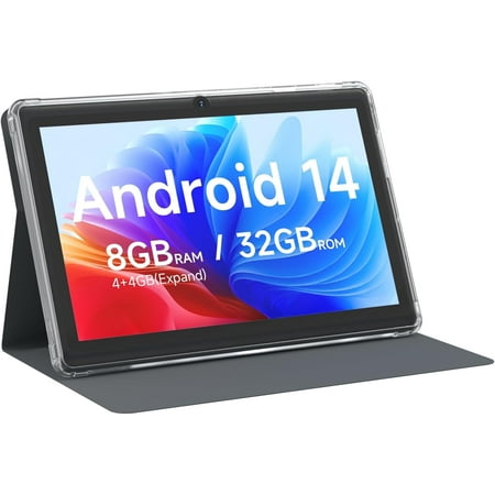 Android 14 Tablet 7 inch Tablets with Case, 8GB RAM 32GB ROM 1TB Expand, Quad-Core Processor Tablet PC, 1024 x 600 IPS Screen, Dual Camera, 3000mAh Battery, Bluetooth, WiFi, GMS, Widevine L1, Black