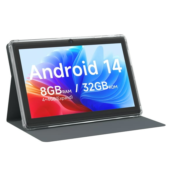 Android 14 Tablet 7 inch Tablets with Case, 8GB RAM 32GB ROM 1TB Expand, Quad-Core Processor Tablet PC, 1024 x 600 IPS Screen, Dual Camera, 3000mAh Battery, Bluetooth, WiFi, GMS, Widevine L1, Black