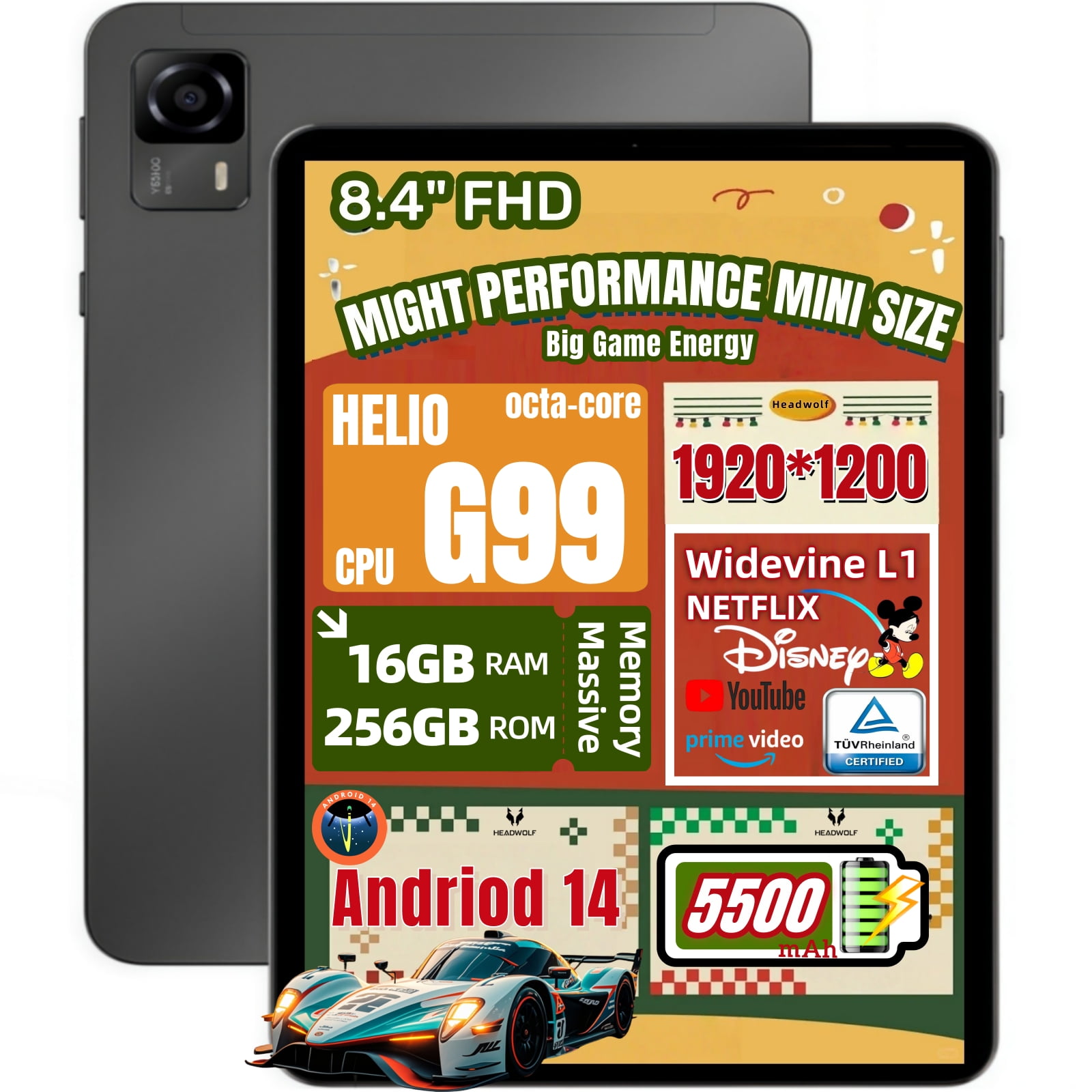Headwolf FPad5 Pro Android 14 Tablet, 8.4 Inch FHD Display
