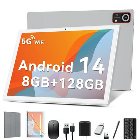 Android 14 Tablet 8GB RAM 128GB ROM, 10.1in 5G Wifi Tablet with Keyboard Case, 8 Core, 1TB Expand, 13MP+5MP, GPS