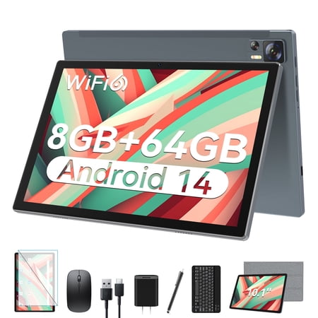 Android 14 Tablet 8GB RAM 64GB ROM, 10.1 inch Wifi 6 Tablet with Keyboard, 8 Core, 1TB Expand, 13MP+5MP Dual Camera