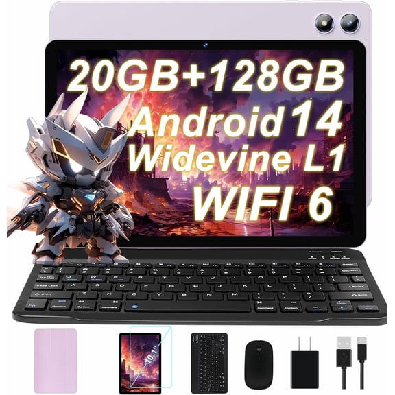Android 14 Tablet with Keyboard 20GB RAM 128GB ROM, 2025 Octa-Core 10 Inch Tablets with WiFi 6, 1TB Expandable, 1280x800 IPS Display, 6000mAh Battery, Widevine L1, Split Screen, Mouse, Case -Purple