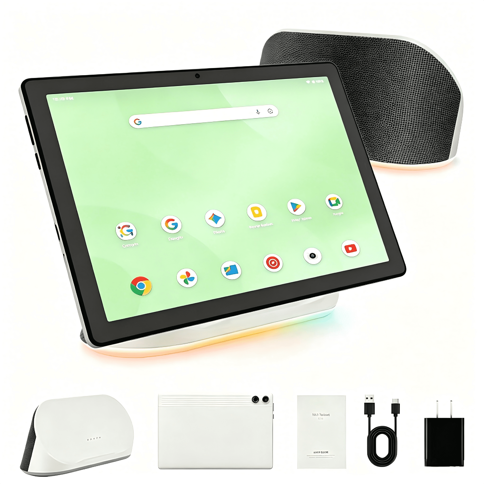 AEEZO 10.1 Inch Tablet with Rechargeable Stereo Speaker Audio Base, 14GB RAM 64GB ROM, Octa-Core Tablet PC, WiFi 6 Bluetooth 5.3, ual Camera, Google Tablet,White