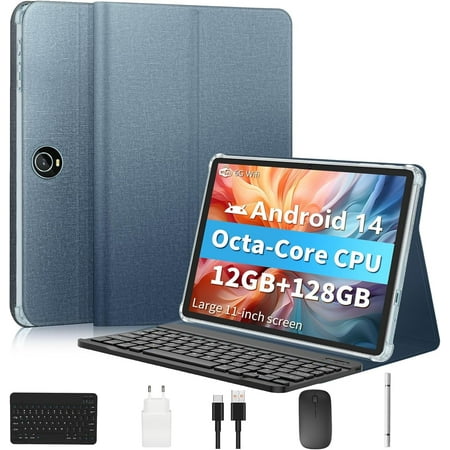 Android 14 Tablet, Tablet 11 inch, Octa-Core, 12 GB RAM+128GB ROM 1TB Expand, 2 in 1 Tablets with Keyboard, Case, Mouse, Stylus, Fast Charging, GMS Certified, FM, GPS, WiFi, BT 5.0, Face ID