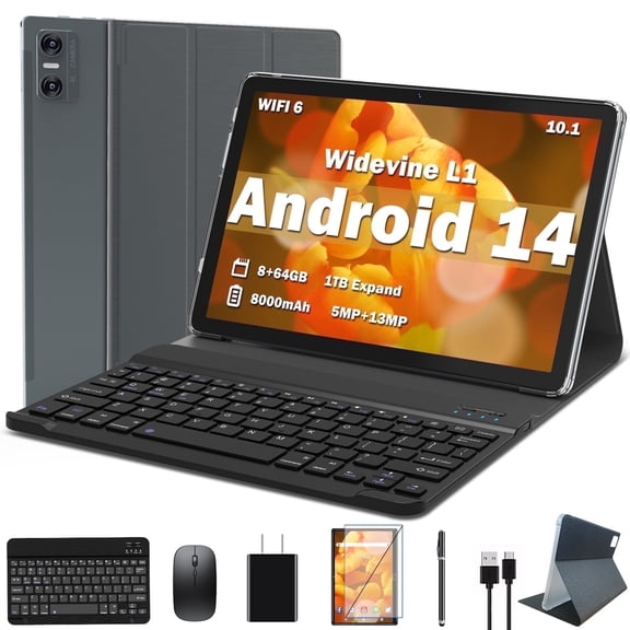 Android 14 Tablet, Widevine L1, 10 inch Tablet with Bluetooth 5.0, WiFi 6, Fast Charging, 8GB RAM+64GB ROM, Split Screen Support