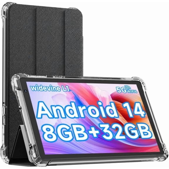 Android 14 tablet with case, 7-inch 8GB RAM+32GB ROM/1TB expandable computer, 5MP camera tablet, 1.6Ghz quad-core processor, 3000mAh battery tablet, 5G WiFi, gaming 7-inch Android laptop black