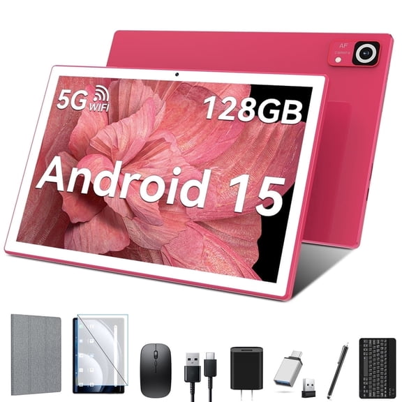 Android 15 Tablet with Keyboard, 24GB+128GB ROM(1TB Expand), Octa Core, 5G/2.4G WiFi, 8000mAh, BT V5.0, with Case, Mouse, Stylus, Split-Screen(Pink)
