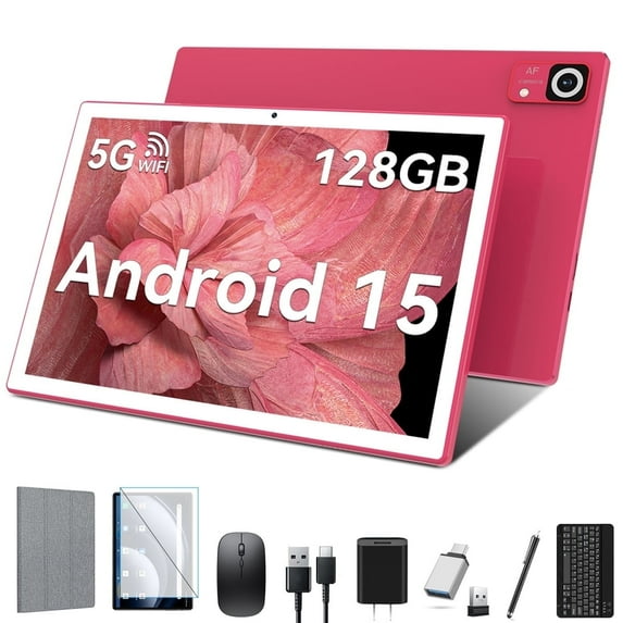 Android 15 Tablet with Keyboard, 128GB ROM(1TB Expand), Octa Core, 5G/2.4G WiFi, 7000mAh, BT V5.0, with Case, Mouse, Stylus, Split-Screen(Pink)