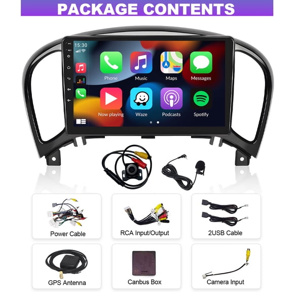Android 15 Car Stereo 4+64G GPS Navi Head Unit with Carplay and Android Auto 9-inch Touch Screen Car Player for Nissan Juke 2011-2016 WiFi Bluetooth Mirror Link FM/RDS Radio SWC