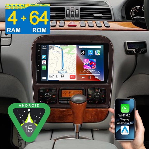 Android 15 Stereo 4+64GB Car Radio for Mercedes-Benz S-Class W220 1999-2005 (OEM 4" or 7" radio) with Apple CarPlay/Backup Camera/GPS Navi/Wi-Fi/BT 5.4/DSP