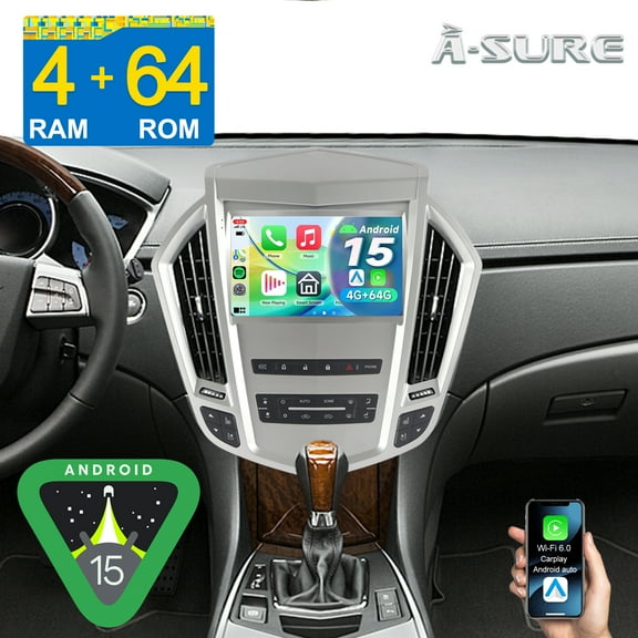 Android 15 Stereo 4+64GB Car Radio for Cadillac SRX 2010-2012 with Apple CarPlay/Android Auto/GPS Navi/Wi-Fi/BT 5.4/DSP