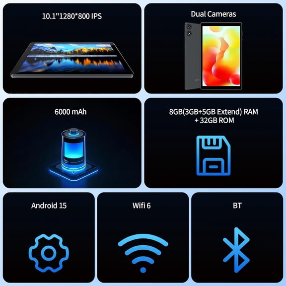 Android 15 Tablet 10.1" IPS Display, 8GB RAM (3+5GB Extended) 32GB, 6000mAh Touchscreen 8H Battery, WiFi 6, BT 5.0, Dual Camera, Tablets 2025