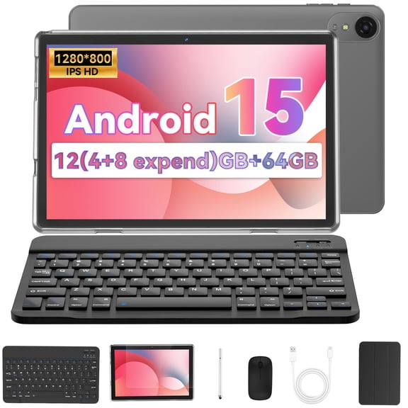 Android 15 Tablet 10.1 Inch, 12GB RAM+64GB ROM/ 1TB Expandable, octa-core Processor, 1280*800 HD Screen, 5G WiFi6 BT 5.0, 2 in 1 Tablets with Keyboard Case Mouse Stylus, Widevine L1 Black