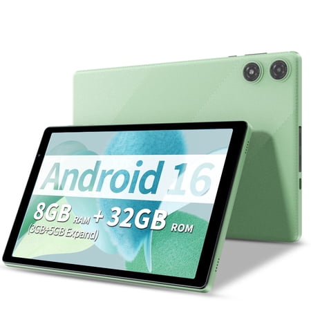 Android 16 Tablet 10.1 inch Tablet,8GB RAM 32GB ROM,WiFi 6,6000mAh Battery,1280 * 800 IPS Touch Screen,Metal Body,GMS Certified,Green