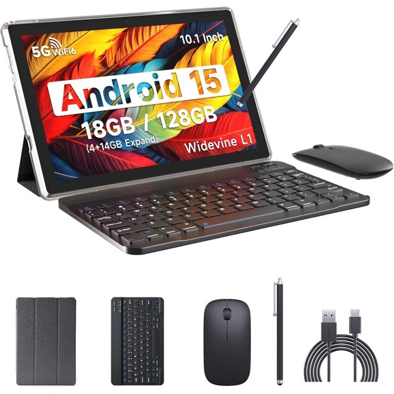 Android 15 Tablet, 10 Inch 18GB RAM+128GB ROM/ 2TB Expandable Tablet, 2.0GHz Quad-core Processor, 1280*800 HD Touch Screen, 5G WiFi6 BT 5.0, 2 in 1 Tablets with Keyboard Case Mouse Stylus Black