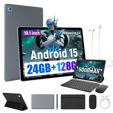 Android 15 Tablet 10 Inch, 24GB RAM+128GB ROM/ 1TB Expandable, 2.0GHz Quad-core Processor, 1280*800 HD Screen, 5G WiFi6 BT 5.0, 2 in 1 Tablets with Keyboard Case Mouse Stylus, Widevine L1,Gray