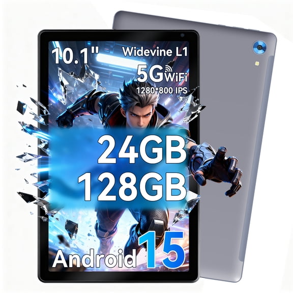Android 15 Tablet 10 Inch, 24GB RAM+128GB ROM/ 1TB Expandable, 2.0GHz Quad-core Processor, 1280*800 HD Screen, 5G WiFi6 BT 5.0, 2 in 1 Tablets,Widevine L1,Gray