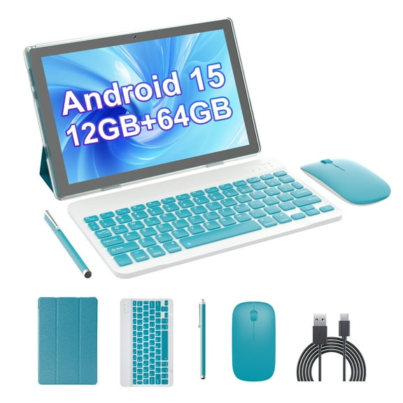 Android 15 Tablet, 10 inch 2 in 1 Tablets with Keyboard, 12GB RAM 64GB ROM 1TB Expand, Quad-Core 2.0Ghz CPU, 5G WiFi 6, BT5.0, 1280x800 HD Touchscreen, 6000mAh, Widevine L1, GMS Tablet, Navy