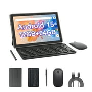 Android 15 Tablet, 10 inch 2 in 1 Tablets with Keyboard, 12GB RAM 64GB ROM 1TB Expand, Quad-Core 2.0Ghz CPU, 5G WiFi 6, BT5.0, 1280x800 HD Touchscreen, 6000mAh, Widevine L1, GMS Tablet, Black
