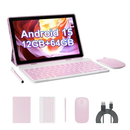 Android 15 Tablet, 10 inch 2 in 1 Tablets with Keyboard, 12GB RAM 64GB ROM 1TB Expand, Quad-Core 2.0Ghz CPU, 5G WiFi 6, BT5.0, 1280x800 HD Touchscreen, 6000mAh, Widevine L1, GMS Tablet, Pink