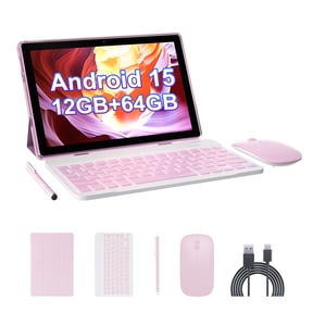 Android 15 Tablet, 10 inch 2 in 1 Tablets with Keyboard, 12GB RAM 64GB ROM 1TB Expand, Quad-Core 2.0Ghz CPU, 5G WiFi 6, BT5.0, 1280x800 HD Touchscreen, 6000mAh, Widevine L1, GMS Tablet, Pink