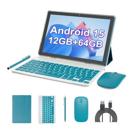 Android 15 Tablet 10 inch, 2 in1 Tablets with Keyboard Case Mouse Stylus, 12GB RAM 64GB ROM 1TB Expand, Quad-Core Processor Tablet PC, 5G WiFi 6, BT5.0, 6000mAh, 1280 x 800 IPS Screen, Navy